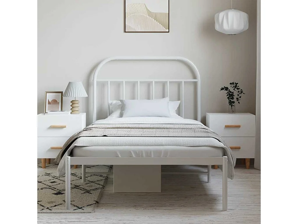 Lit simple | Lit adulte, enfant | Cadre de lit métal et tête de lit blanc 100x200 cm