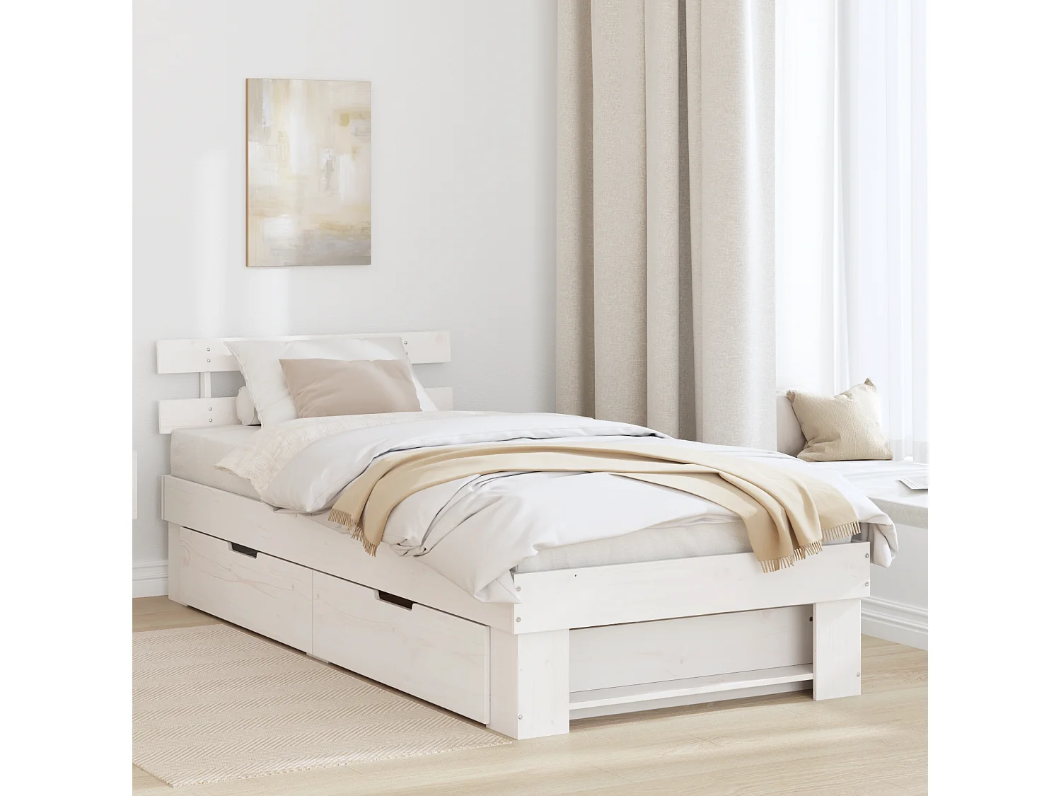 Lit simple | Lit adulte, enfant | Cadre de lit avec tiroir Blanc 90x200 cm Bois massif en pin