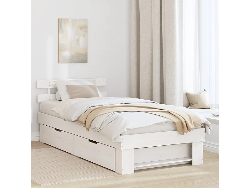 Lit simple | Lit adulte, enfant | Cadre de lit avec tiroir Blanc 90x200 cm Bois massif en pin