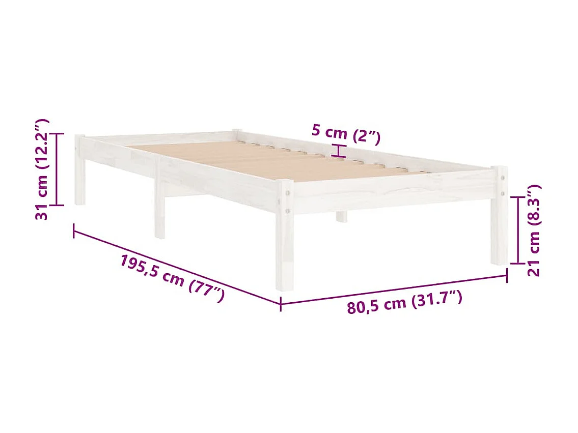 Lit simple | Lit adulte, enfant | Cadre de lit blanc bois massif 75x190 cm