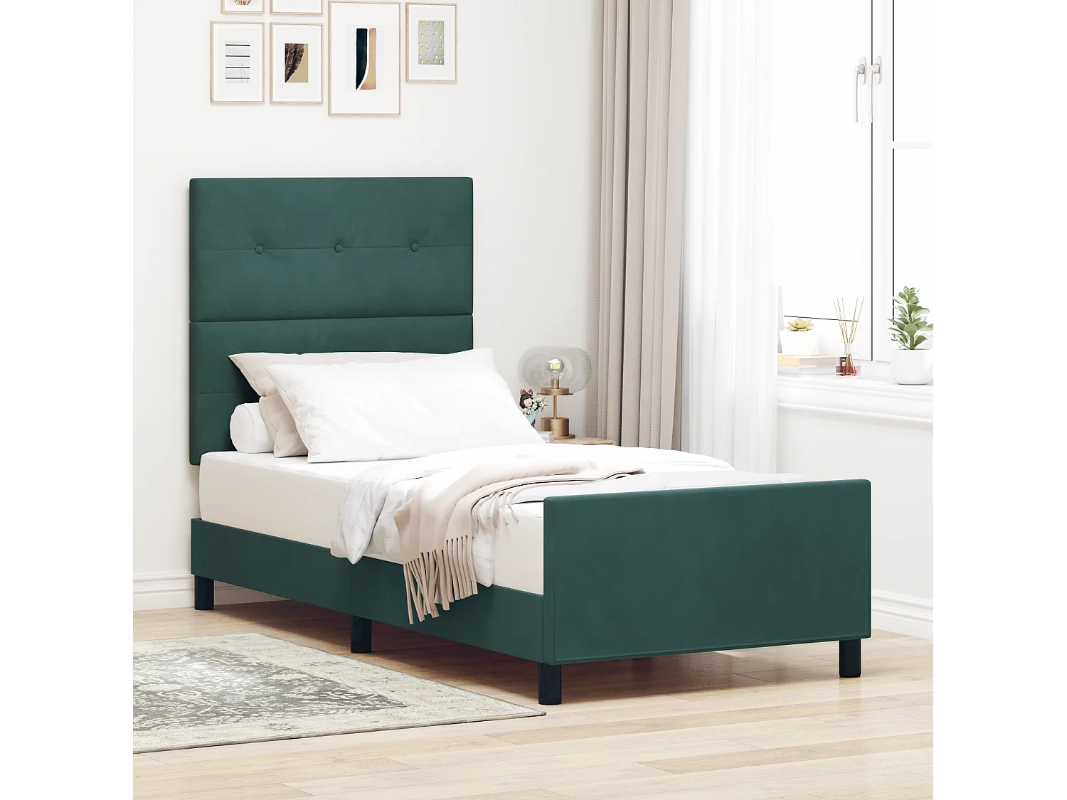Lit simple | Lit adulte, enfant | Cadre de lit avec tête de lit Vert foncé 100x200 cm Velours