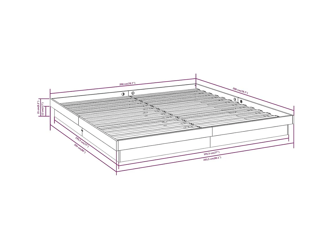 Letto per adulti | Letto matrimoniale | Giroletto senza Materasso in Legno Massello 200x200 cm