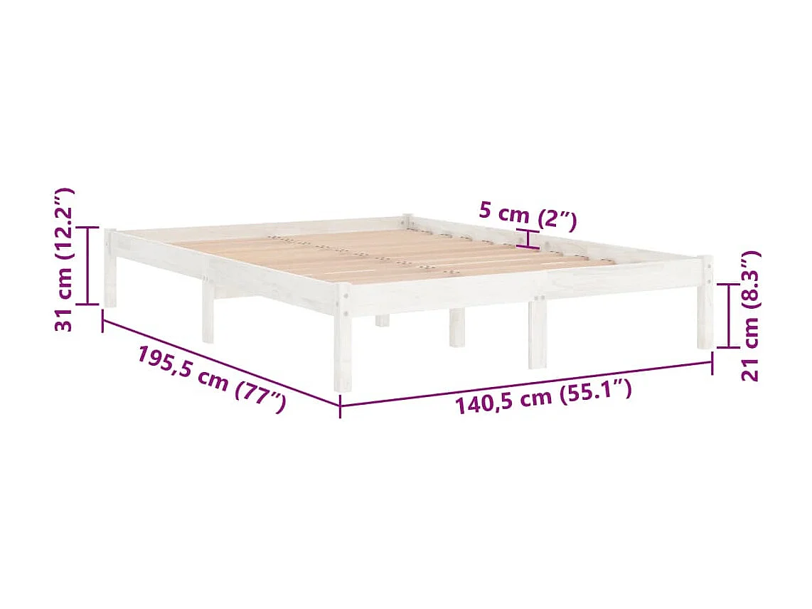 Lit double | Lit adulte | Cadre de lit blanc bois massif 135x190 cm