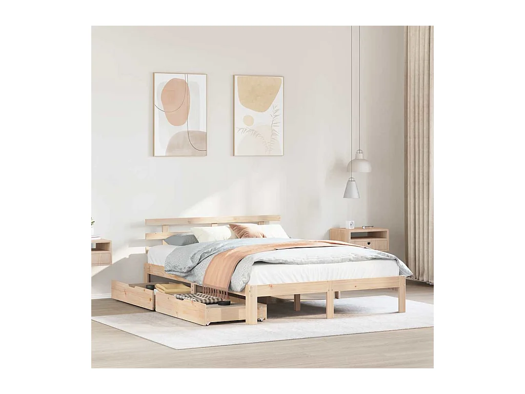 Letto per adulti | Letto matrimoniale | Giroletto con Cassetti 135x190 cm in Legno Massello di Pino