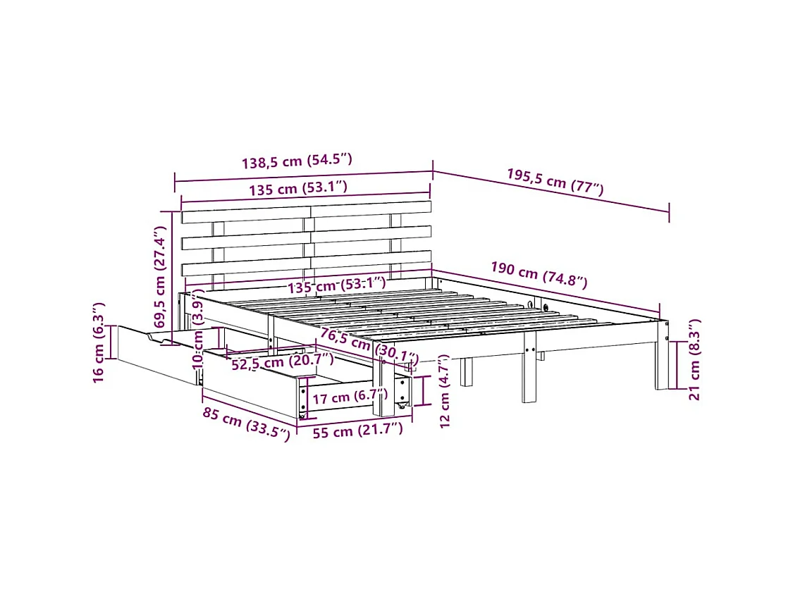 Letto per adulti | Letto matrimoniale | Giroletto con Cassetti 135x190 cm in Legno Massello di Pino