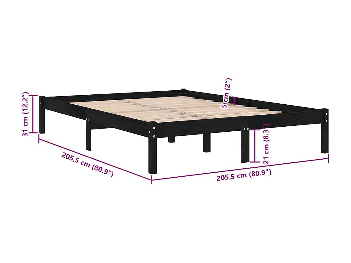 Lit double | Lit adulte | Cadre de lit noir bois massif 200x200 cm