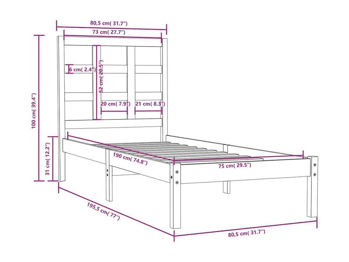 Lit simple | Lit adulte, enfant | Cadre de lit blanc 75x190 cm bois massif