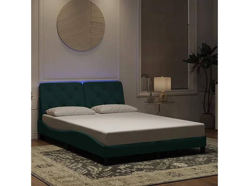 Lit double | Lit adulte | Cadre de lit avec lumières LED vert foncé 140x200 cm velours