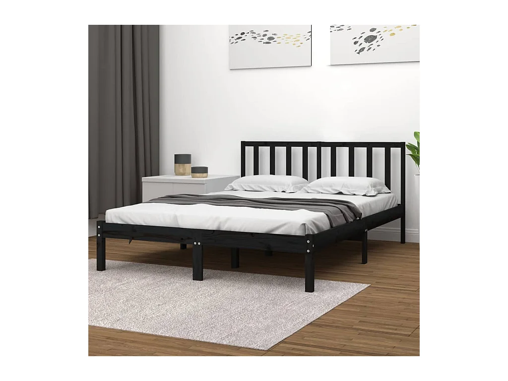Lit double | Lit adulte | Cadre de lit noir bois de pin massif 140x190 cm