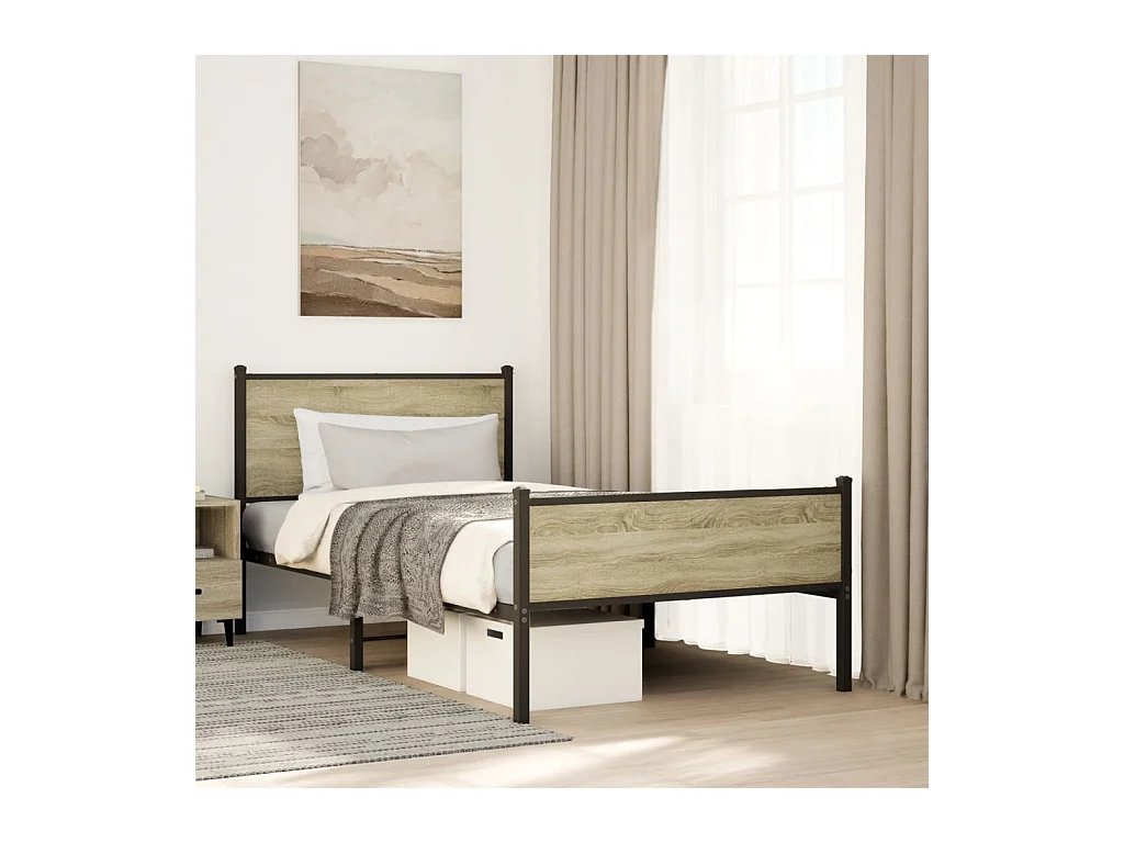 Letto per adulti | Letto singolo | Giroletto senza Materaso in Metallo Rovere Sonoma 100x190 cm