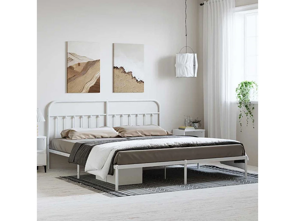 Lit double | Lit adulte | Cadre de lit métal et tête de lit blanc 183x213 cm