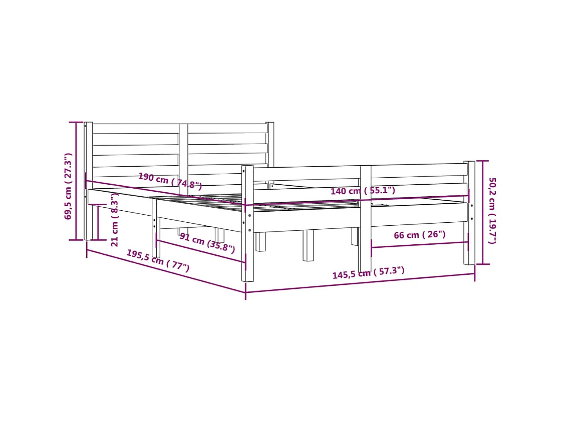 Lit double | Lit adulte | Cadre de lit noir bois massif 140x190 cm