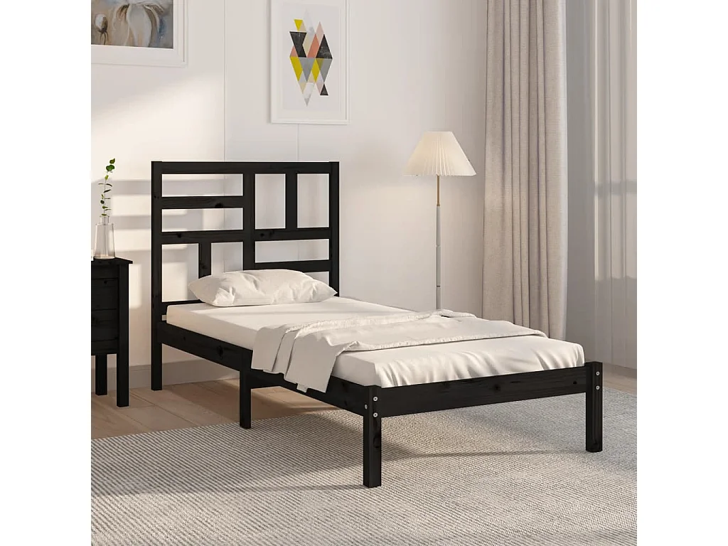 Lit simple | Lit adulte, enfant | Cadre de lit noir bois massif 75x190 cm