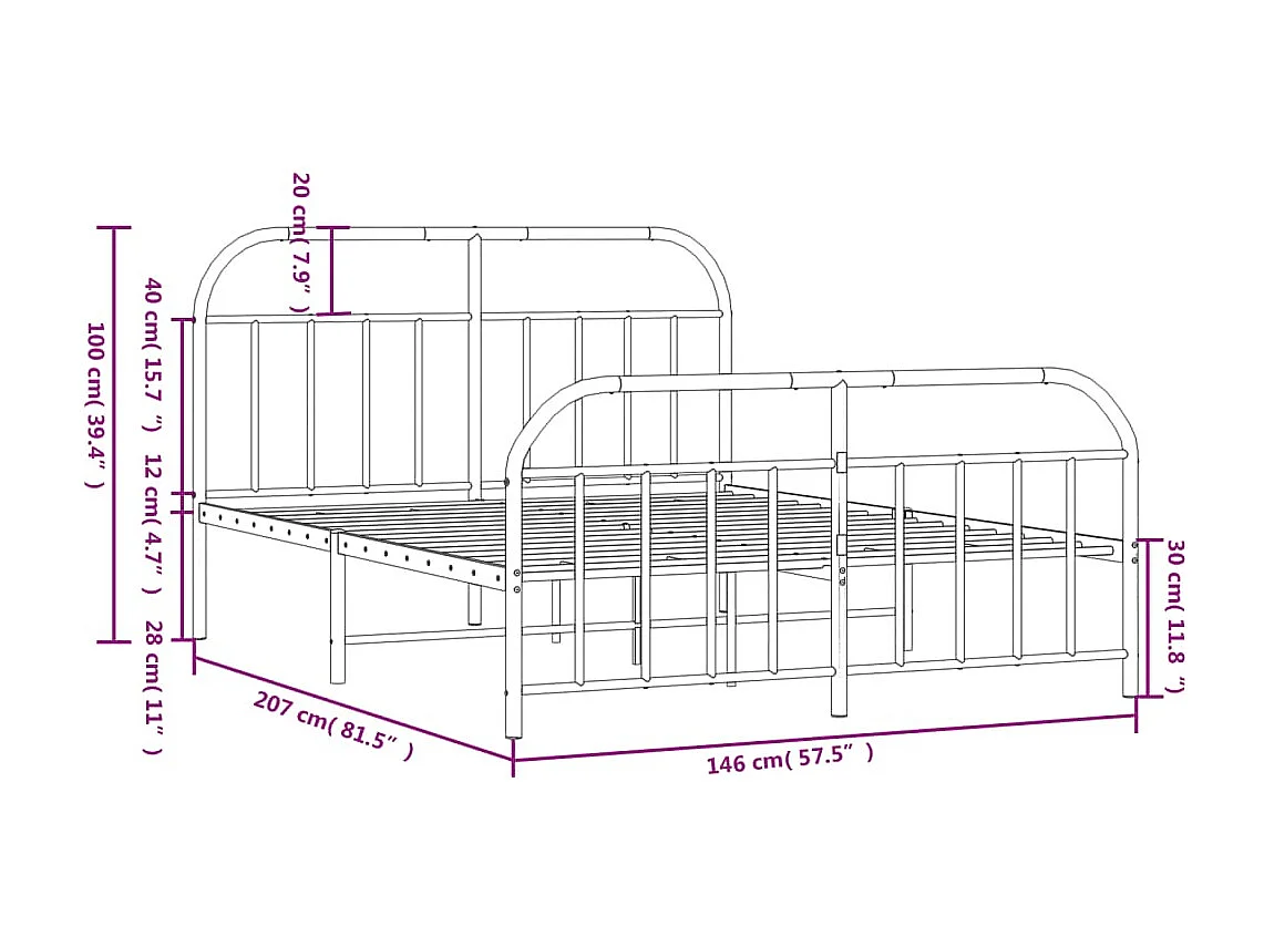 Lit double | Lit adulte | Cadre de lit métal avec pied de lit noir 140x200cm