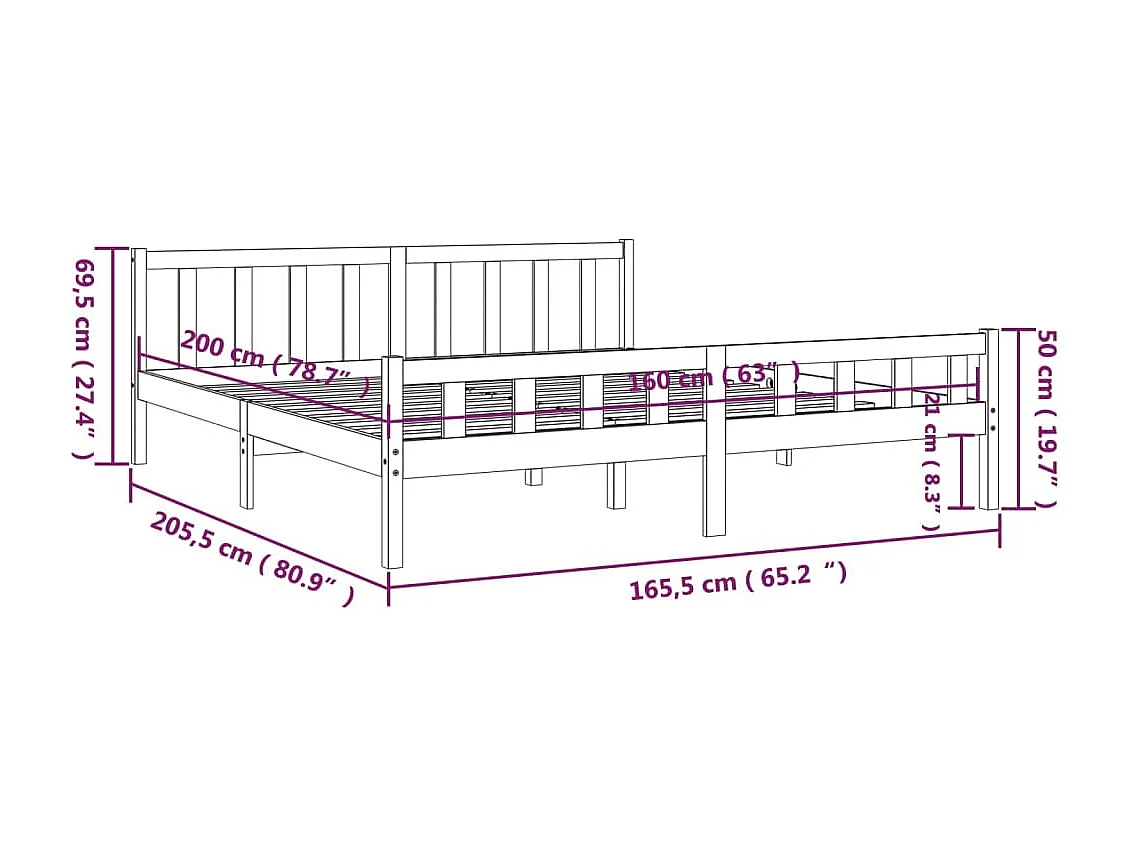 Lit double | Lit adulte | Cadre de lit blanc bois massif 160x200 cm