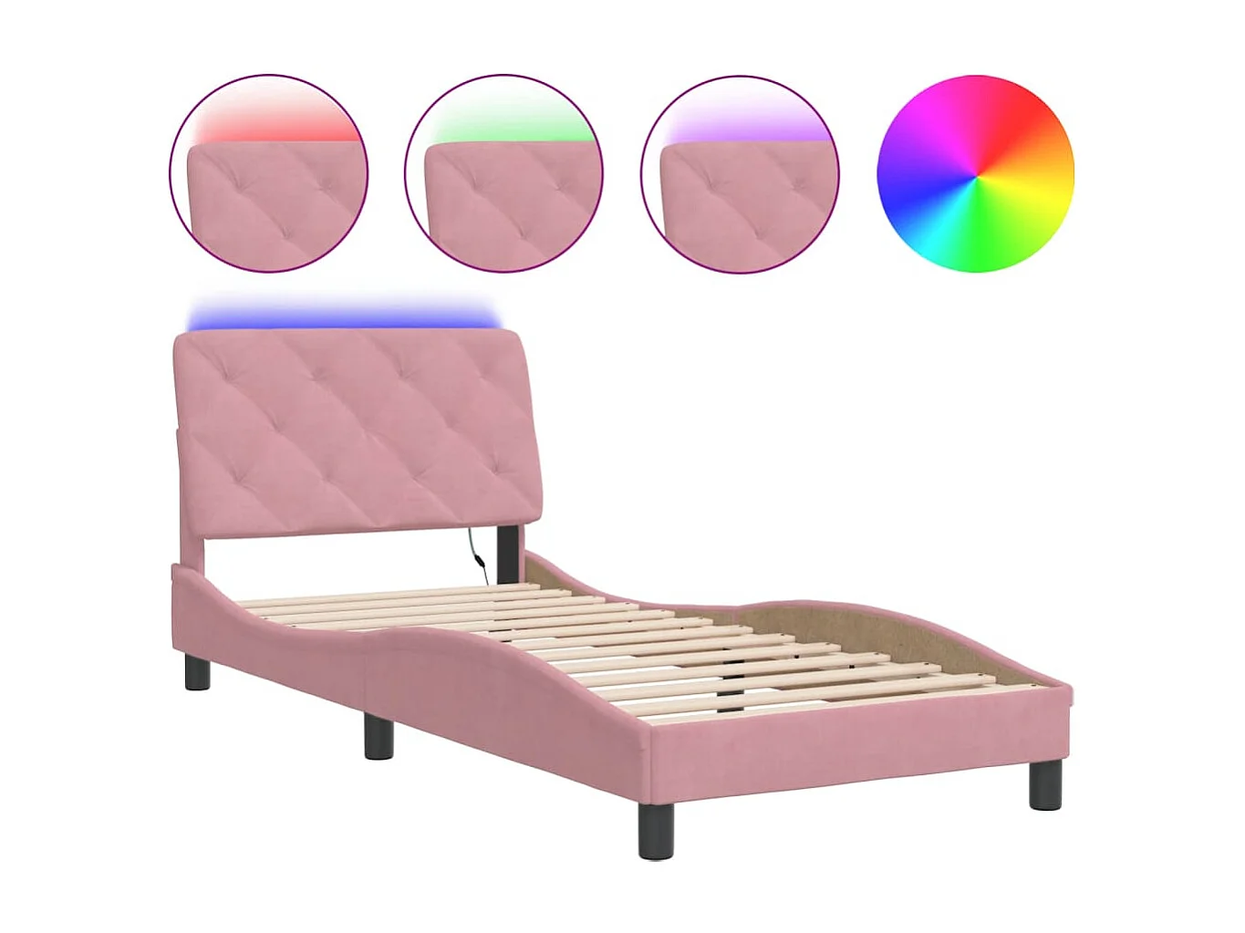 Lit simple | Lit adulte, enfant | Cadre de lit avec lumières LED rose 90x190 cm velours