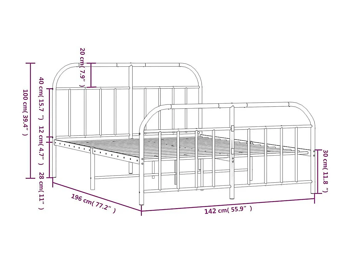 Lit double | Lit adulte | Cadre de lit métal avec pied de lit noir 135x190cm