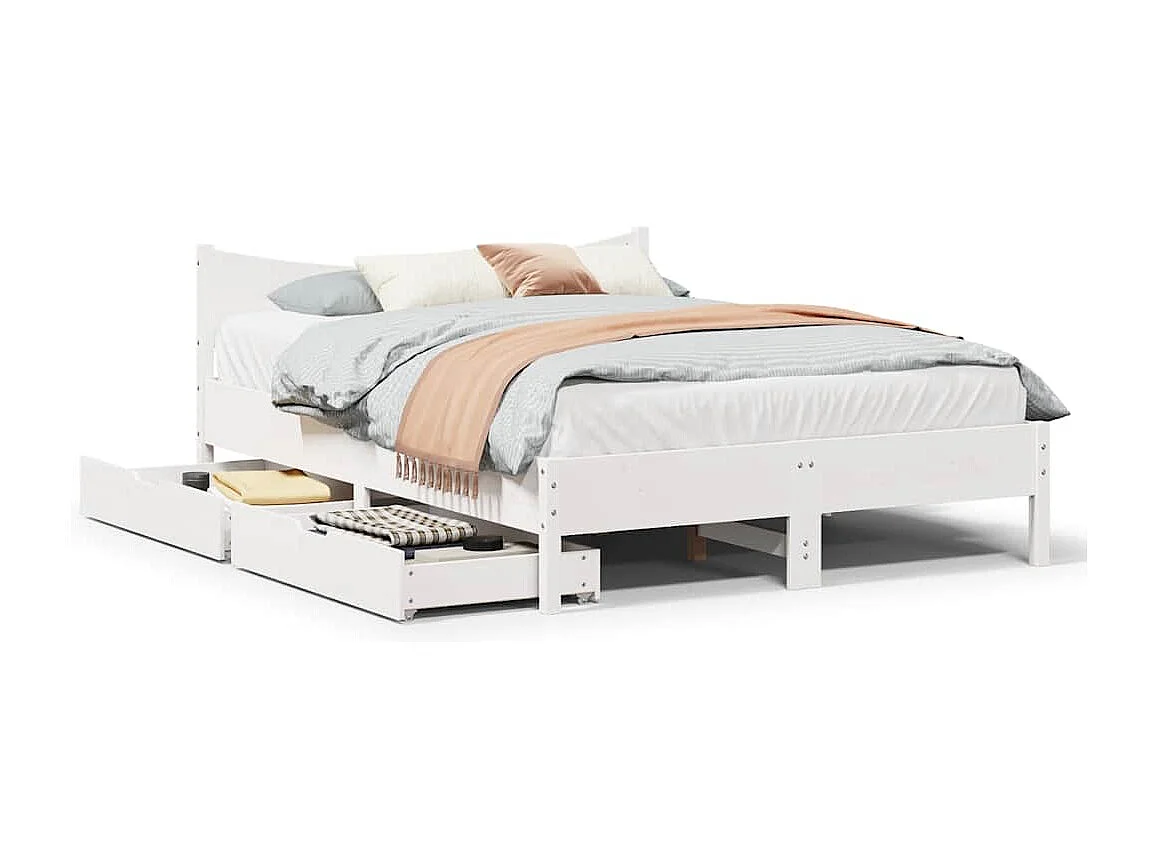 Lit simple | Lit adulte, enfant | Cadre de lit avec tiroirs blanc 120x190 cm bois pin massif