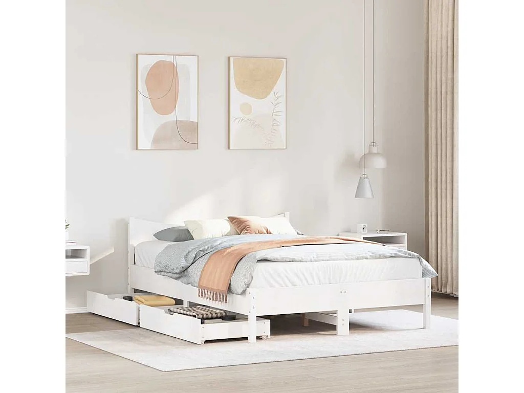 Lit simple | Lit adulte, enfant | Cadre de lit avec tiroirs blanc 120x190 cm bois pin massif