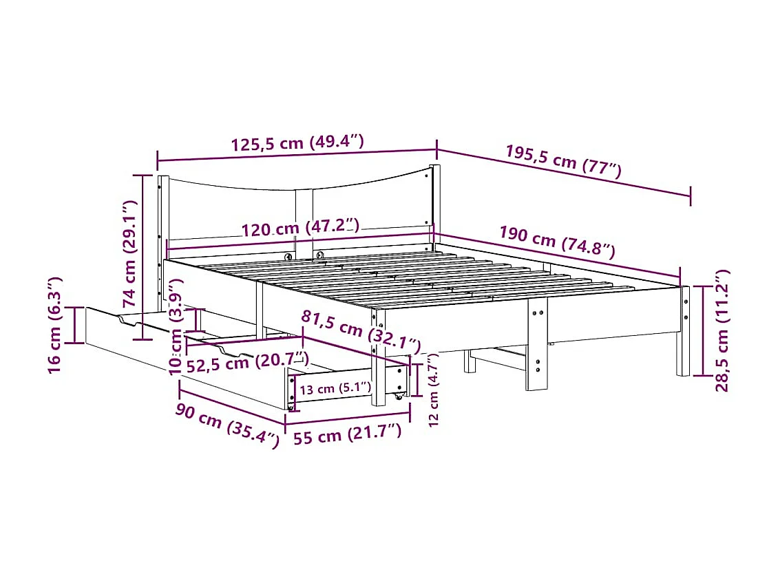 Lit simple | Lit adulte, enfant | Cadre de lit avec tiroirs blanc 120x190 cm bois pin massif