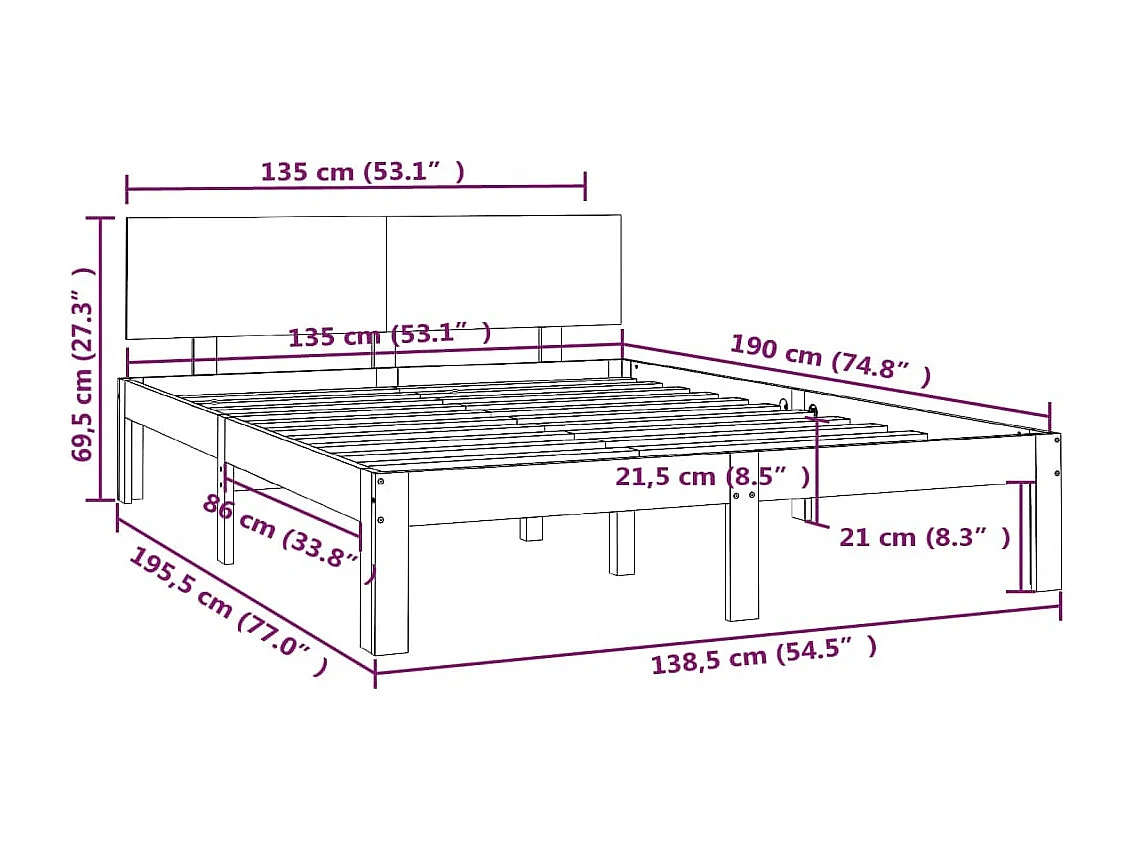 Bedframe | Tweepersoonsbed massief hout wit 135x190 cm