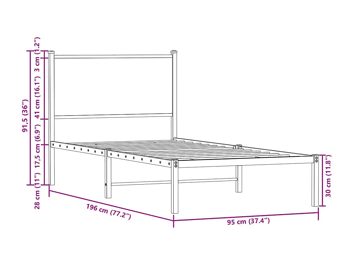 Lit simple | Lit adulte, enfant | Cadre de lit en métal chêne sonoma 90x190 cm