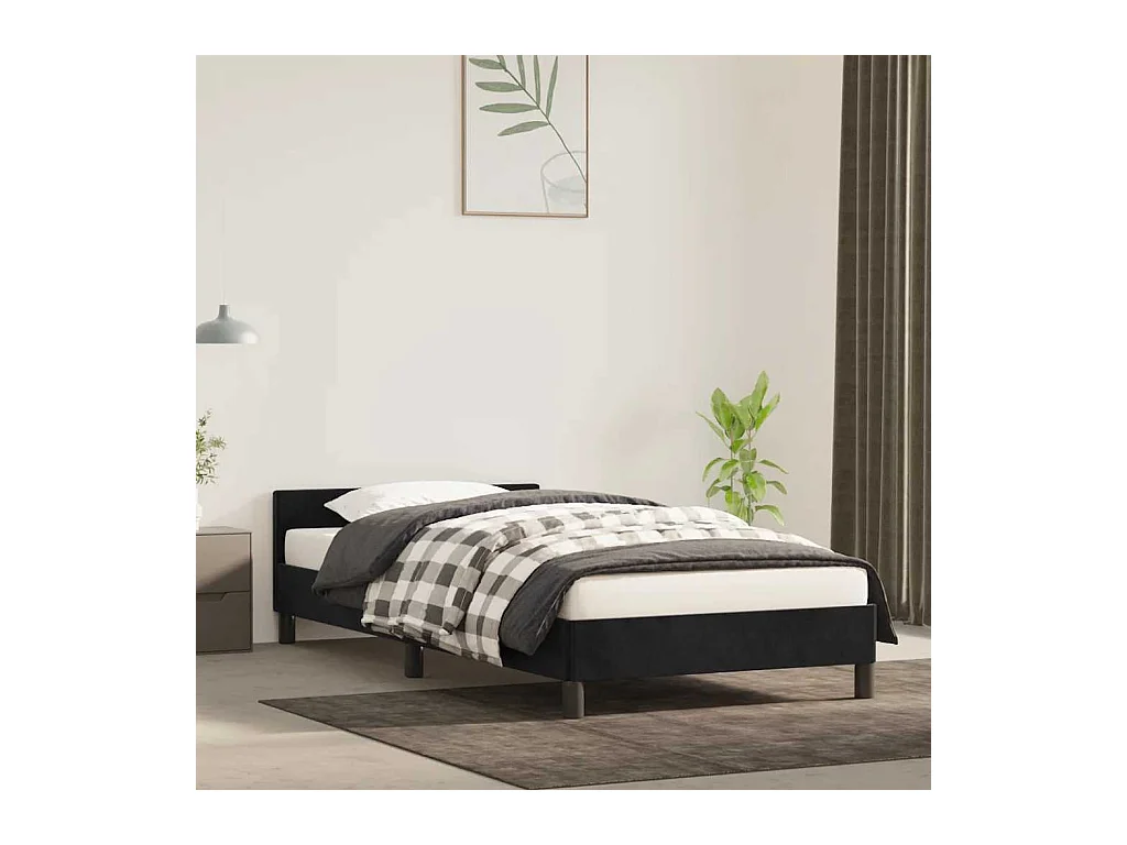 Lit simple | Lit adulte, enfant | Cadre de lit et tête de lit noir 90x190 cm velours