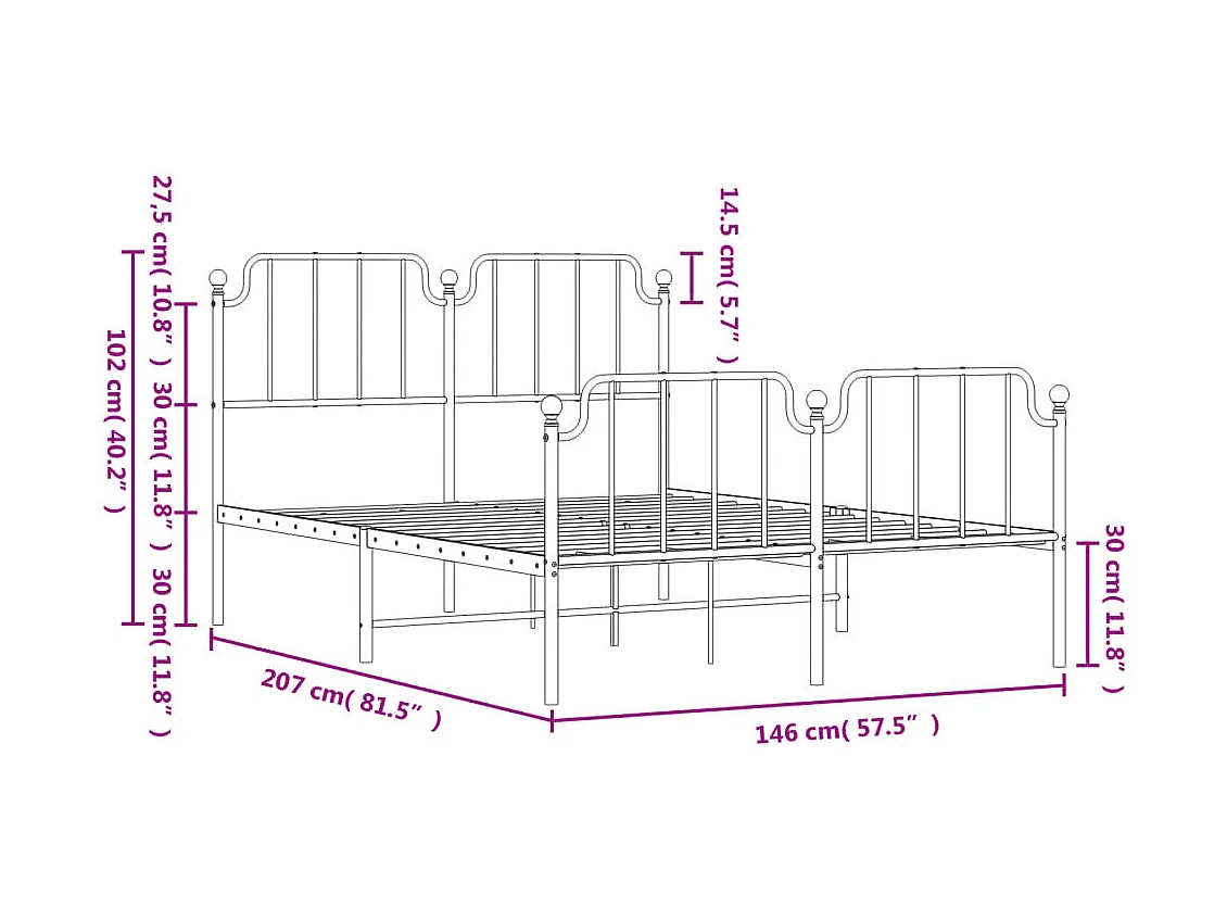Lit double | Lit adulte | Cadre de lit métal et pied de lit blanc 140x200 cm
