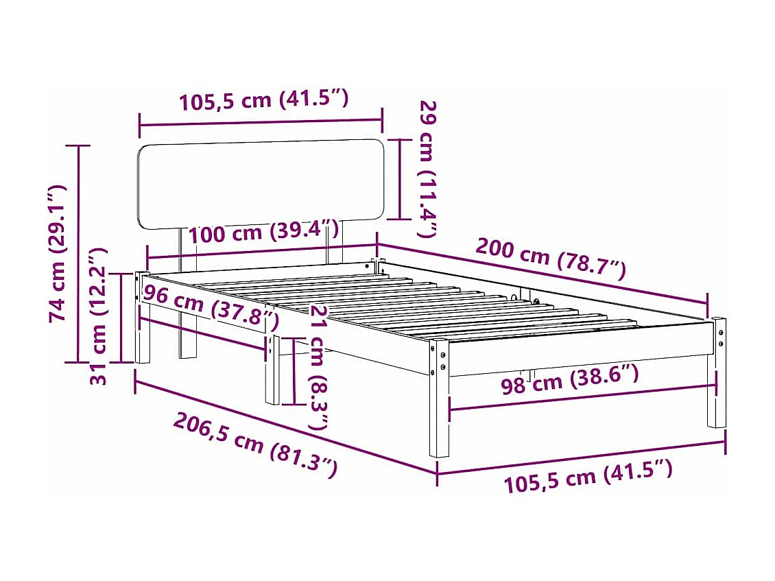 Lit simple | Lit adulte, enfant | Cadre de lit Brun cire 100x200 cm Bois massif en pin