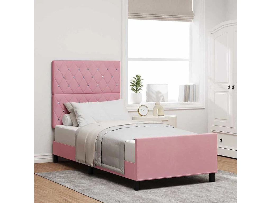 Lit simple | Lit adulte, enfant | Cadre de lit avec tête de lit Rose 100x200 cm Velours