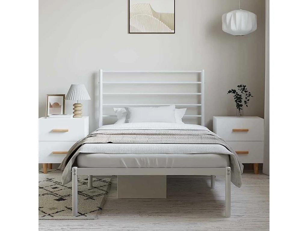 Lit simple | Lit adulte, enfant | Cadre de lit métal et tête de lit blanc 100x190 cm