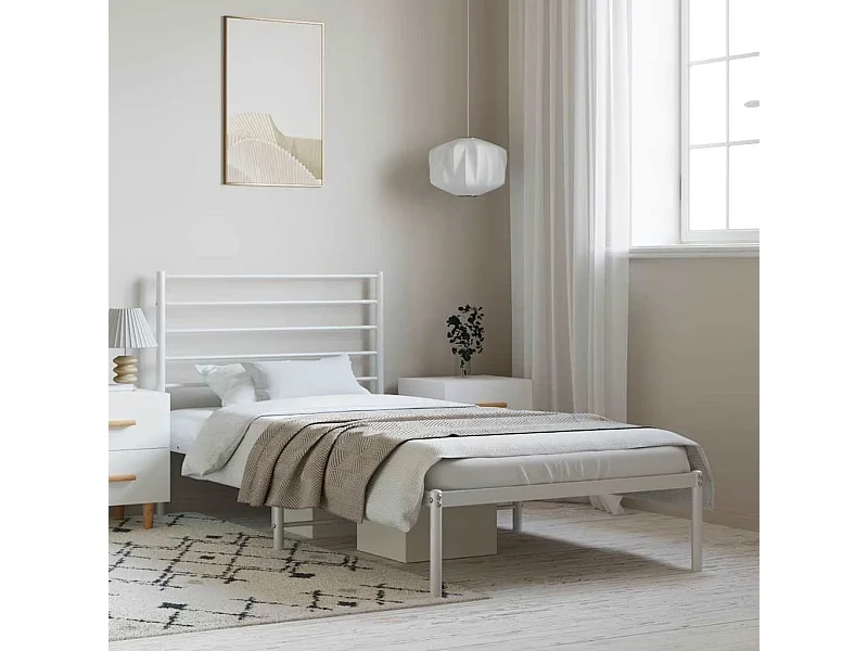 Lit simple | Lit adulte, enfant | Cadre de lit métal et tête de lit blanc 100x190 cm