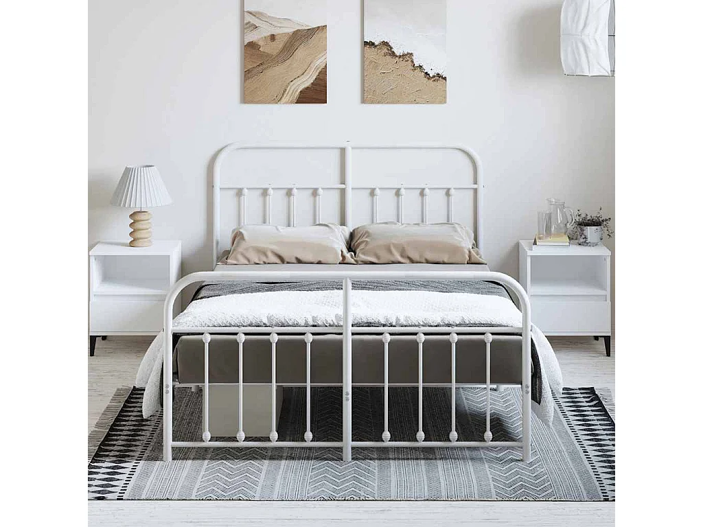 Lit double | Lit adulte | Cadre de lit métal et pied de lit blanc 135x190 cm