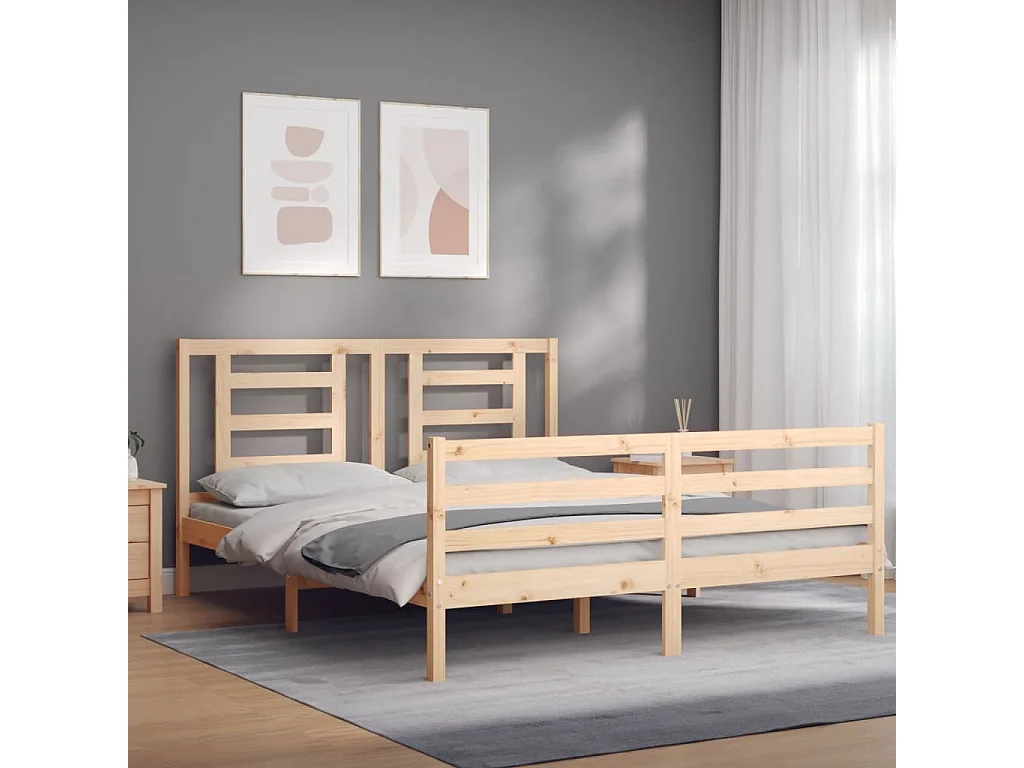 Bedframe | Tweepersoonsbed met hoofdbord massief hout 160x200 cm
