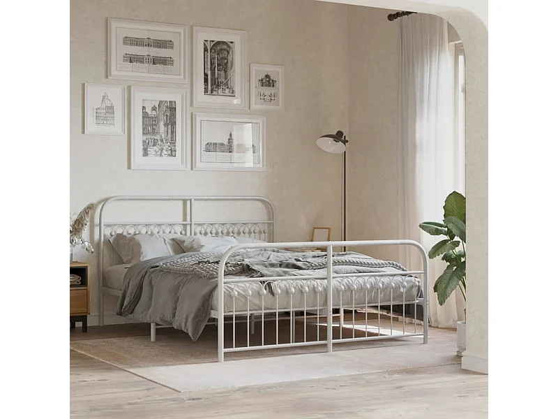 Lit double | Lit adulte | Cadre de lit métal et pied de lit blanc 150x200 cm