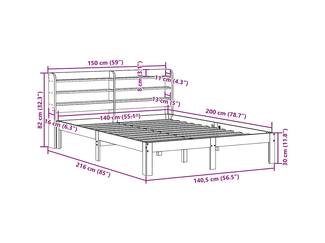 Letto per adulti | Letto matrimoniale | Giroletto con Testiera 140x200 cm in Legno Massello di Pino