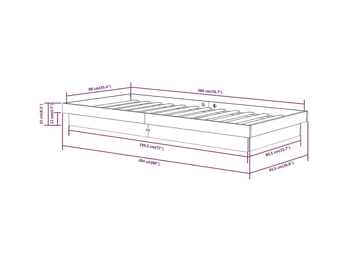 Letto per adulti | Letto singolo | Giroletto in Legno Massello 90x200 cm