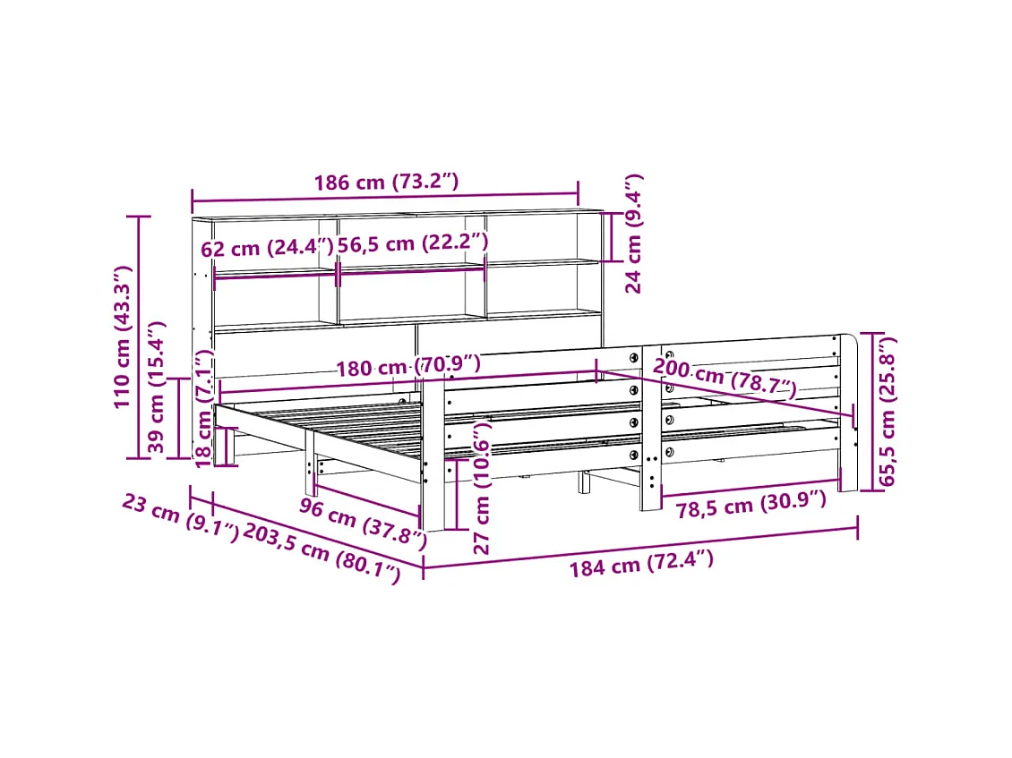 Letto per adulti | Letto matrimoniale | Giroletto senza Materasso 180x200 cm in Legno Massello di Pino