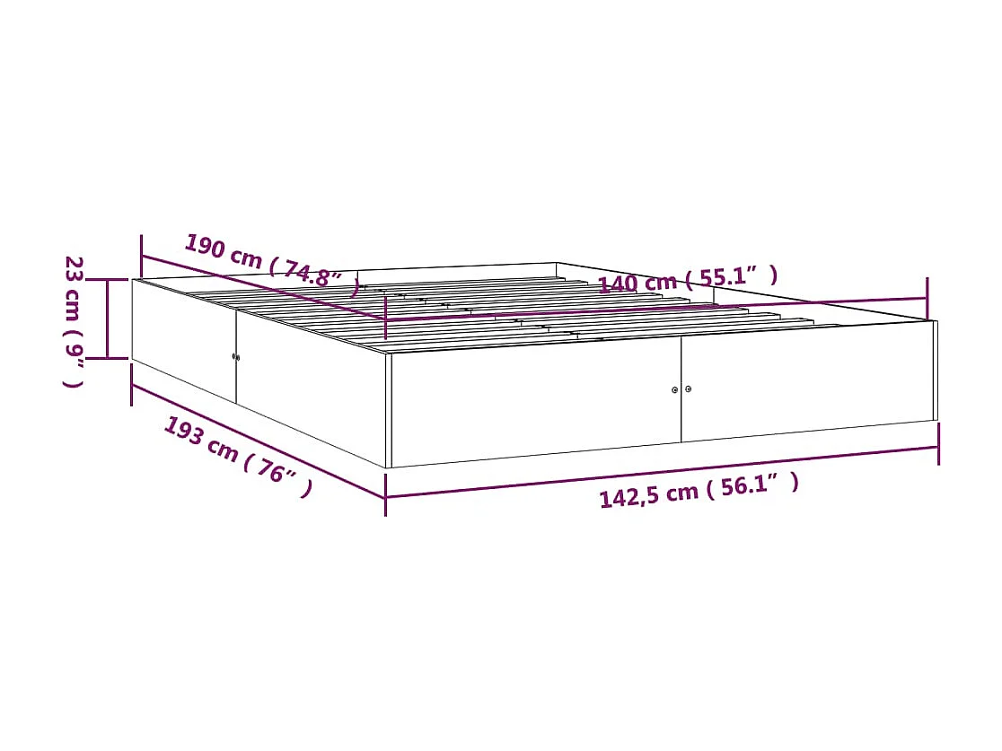 Lit double | Lit adulte | Cadre de lit blanc bois massif 140x190 cm