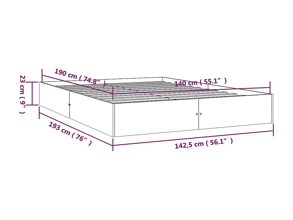 Lit double | Lit adulte | Cadre de lit blanc bois massif 140x190 cm