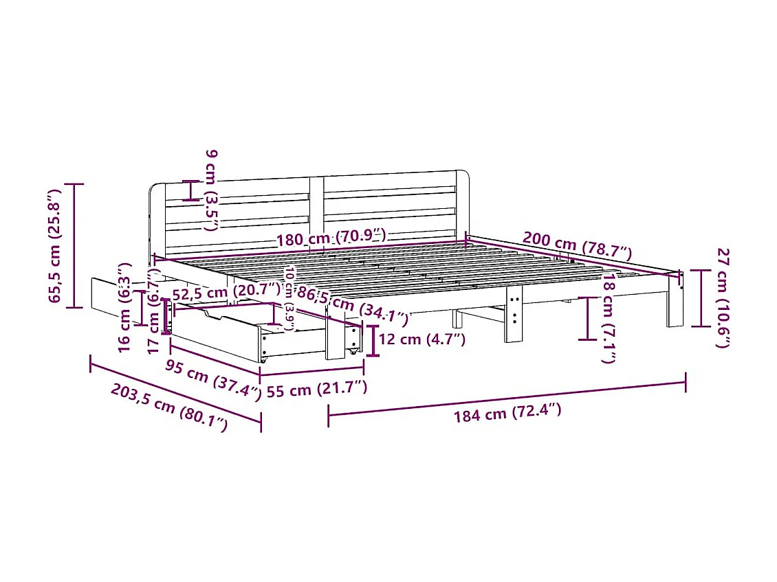 Letto per adulti | Letto matrimoniale | Giroletto senza Materasso Bianco 180x200 cm Legno Massello Pino