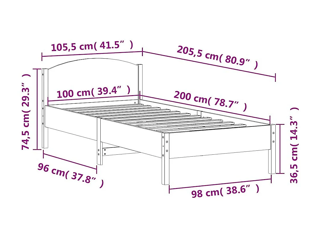 Lit simple | Lit adulte, enfant | Cadre de lit blanc 100x200 cm bois de pin massif