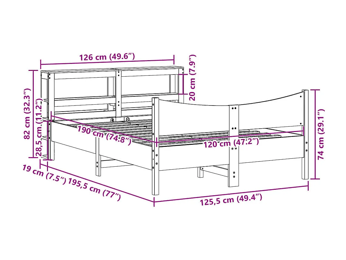 Lit simple | Lit adulte, enfant | Cadre de lit avec tête de lit blanc 120x190 cm bois pin massif