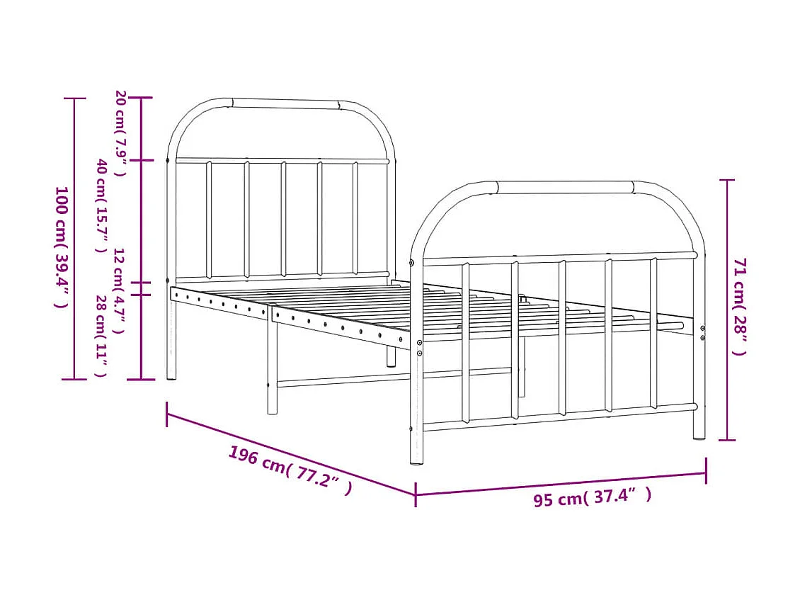 Lit simple | Lit adulte, enfant | Cadre de lit métal avec pied de lit blanc 90x190cm