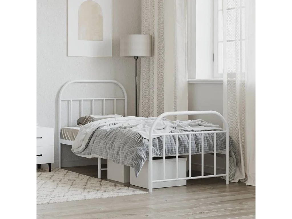 Lit simple | Lit adulte, enfant | Cadre de lit métal avec pied de lit blanc 90x190cm
