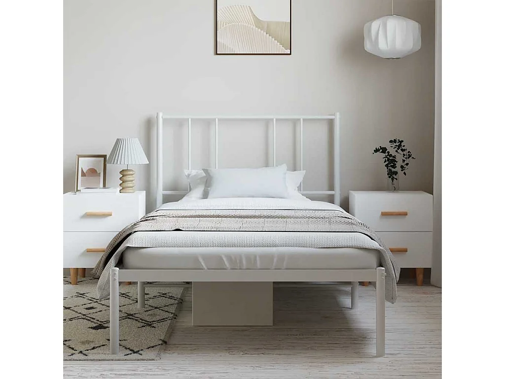 Lit simple | Lit adulte, enfant | Cadre de lit métal et tête de lit blanc 100x200 cm