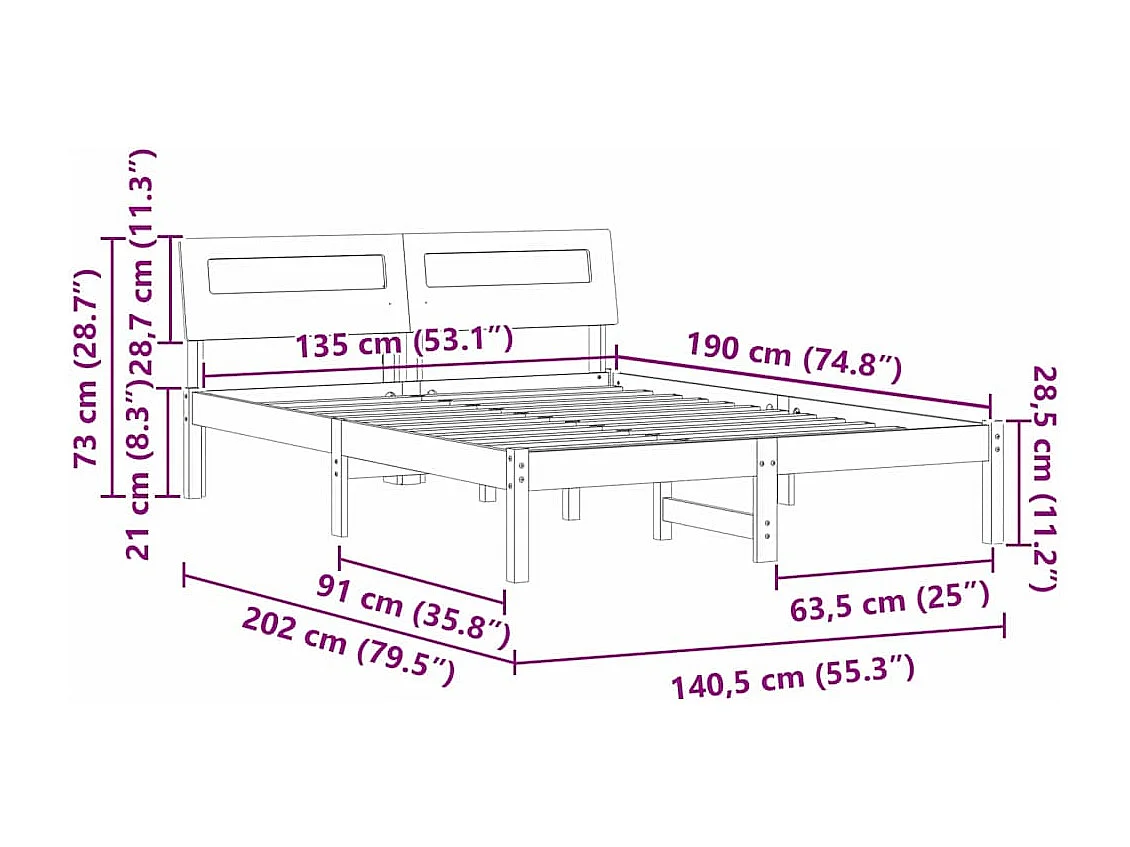 Lit double | Lit adulte | Cadre de lit Marron cire 135x190 cm Bois massif en pin