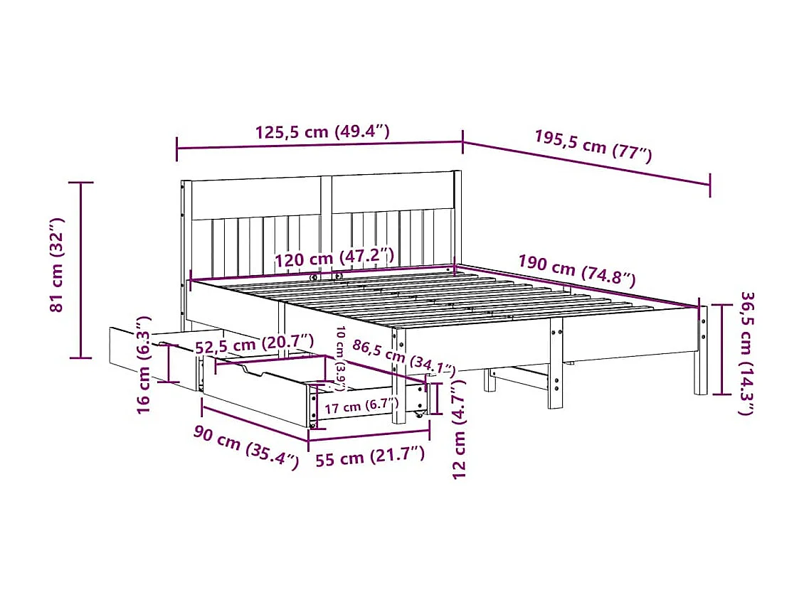 Lit simple | Lit adulte, enfant | Cadre de lit blanc 120x190 cm bois de pin massif