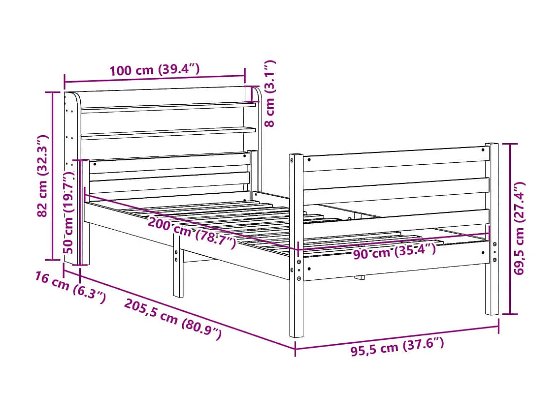 Letto per adulti | Letto singolo | Giroletto con Testiera 90x200 cm in Legno Massello di Pino