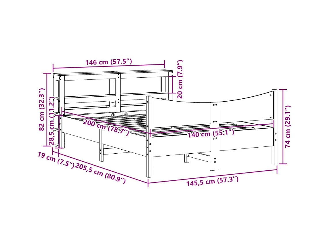 Letto per adulti | Letto matrimoniale | Giroletto con Testiera Marrone Cera 140x200 cm Massello Pino